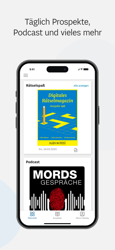 Main-Post ePaper - Main-Post ePaper App-Oberfläche mit digitalen Rätseln und Podcast-Optionen