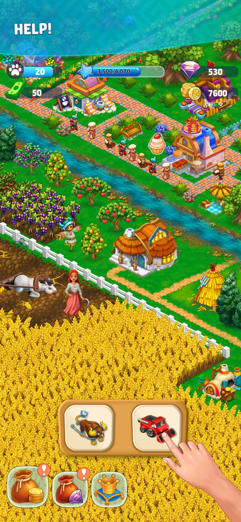 Harvest Land - Una scena vibrante di villaggio in Harvest Land che mostra un personaggio che raccoglie un grande campo di grano con vari edifici agricoli sullo sfondo.