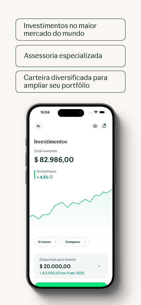 Avenue: Conta e Investimentos - Avenue mobile app dashboard showing investment performance graph and total balance in dollars.