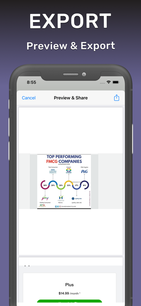 写真からPDFへの変換アプリのプレビューおよびエクスポートインターフェース。
