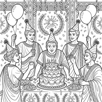 Celebrate history with a twist! This unique coloring page features Roman Senators enjoying a lively birthday party, complete with togas, cake, and festive decorations.