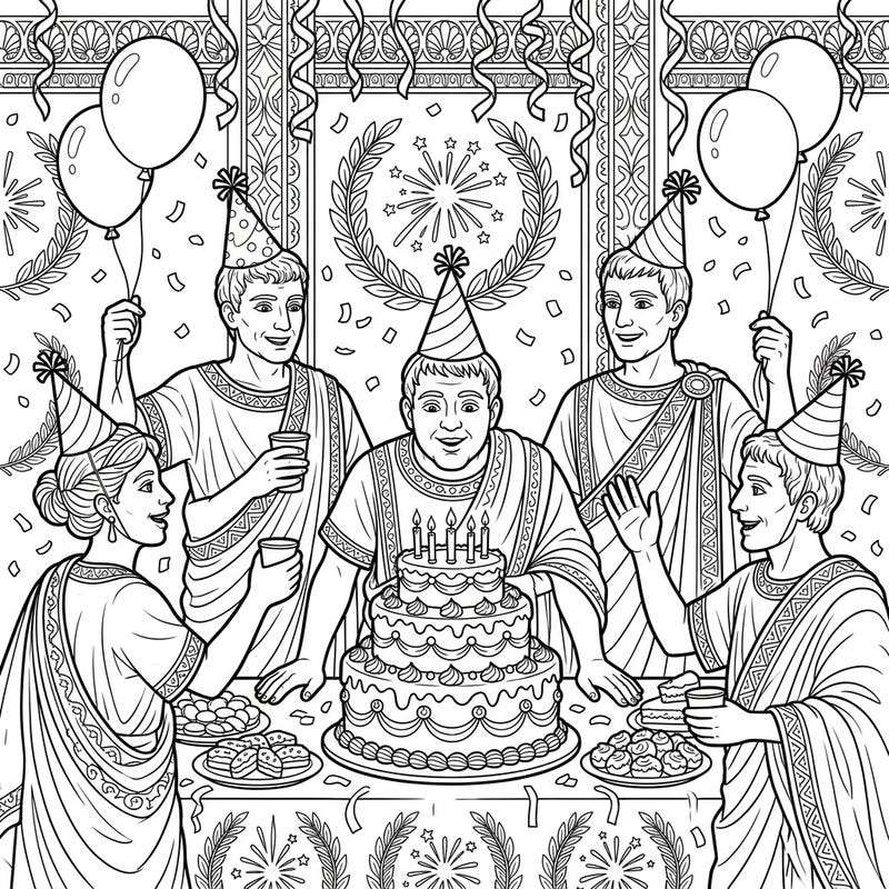 Celebrate history with a twist! This unique coloring page features Roman Senators enjoying a lively birthday party, complete with togas, cake, and festive decorations.