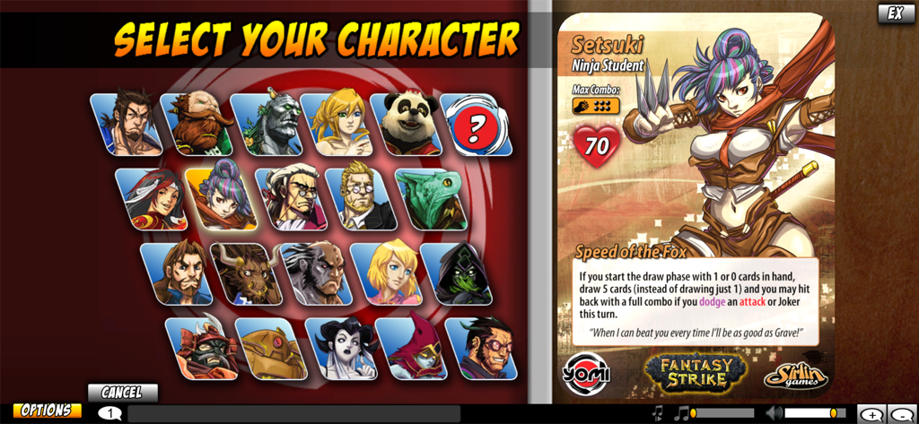 Yomi - Menu di selezione del personaggio in Yomi con icone dei personaggi e una vista dettagliata della carta di Setsuki.