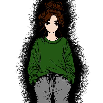 realistic girl in a messy bun with sweatpants and sweatshirt