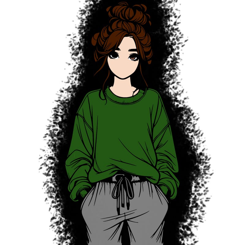 realistic girl in a messy bun with sweatpants and sweatshirt