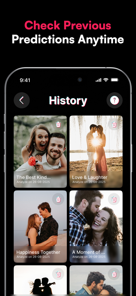 Ein Screenshot des Verlaufsbildschirms in der Go Viral App, der frühere KI-Videoanalyse-Vorhersagen anzeigt