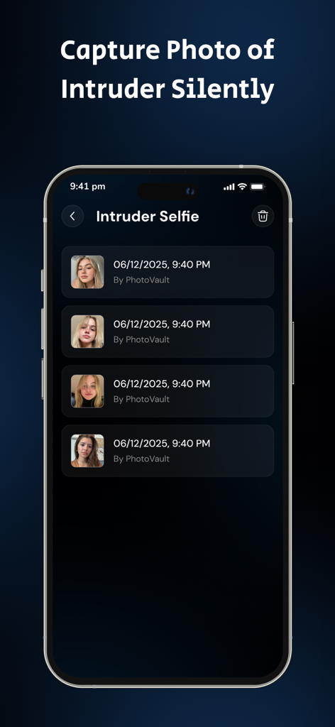 Calculator Lock : Hide Video - Interfaz que muestra la función de "selfie del intruso" que captura silenciosamente fotos de personas que intentan acceder a la bóveda privada.