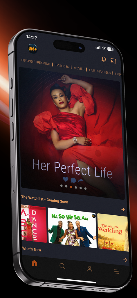 EbonyLife ON Plus mobile app home screen featuring premium African movies and series