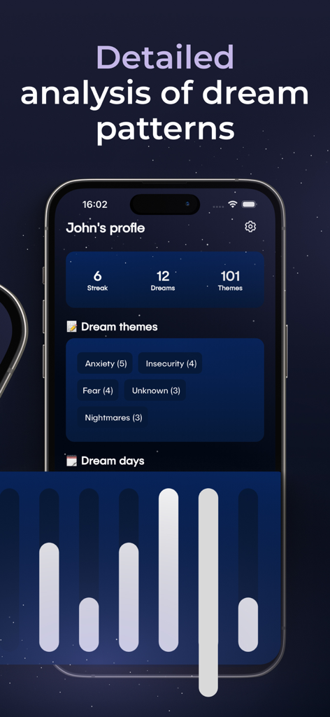 User profile dashboard showing detailed analysis of dream patterns and recurring themes.