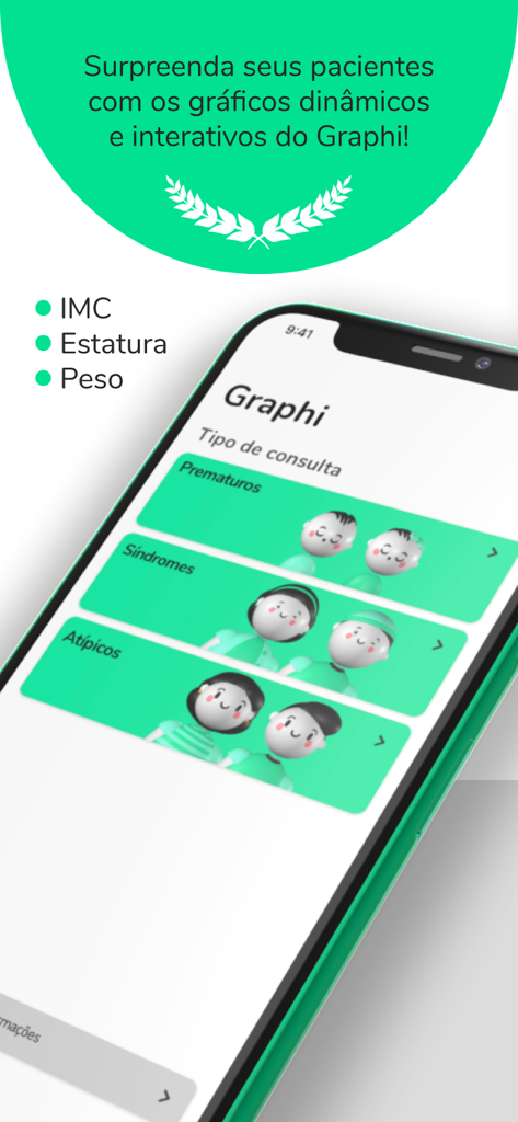 Graphi - Tela do aplicativo Graphi mostrando categorias especializadas de rastreamento de crescimento pediátrico para crianças prematuras e atípicas.