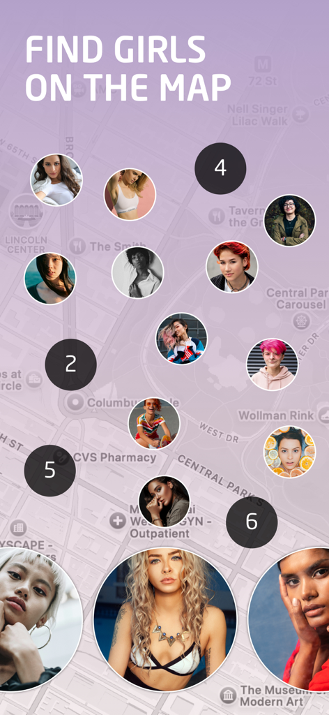 Interfaz de mapa en la aplicación PINK que muestra fotos de perfil de mujeres cercanas en un área urbana como la ciudad de Nueva York.