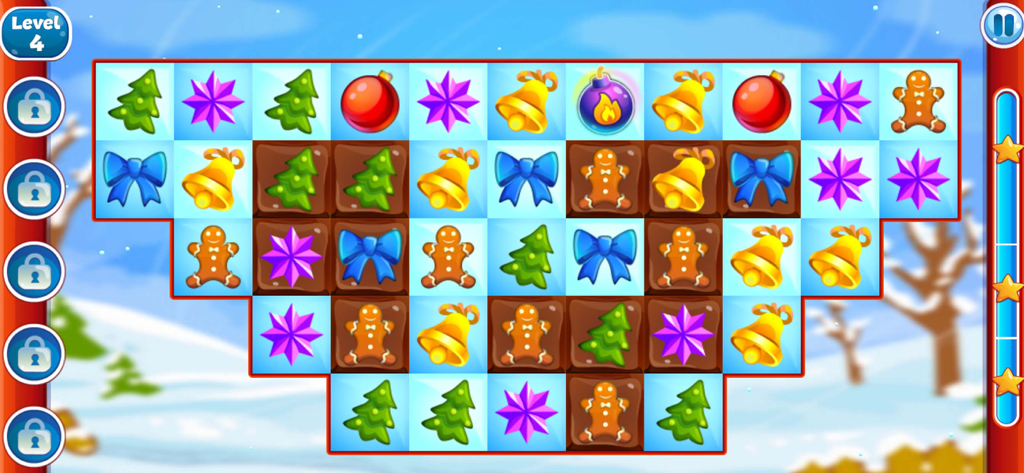 Tabellone puzzle match 3 a tema vacanze con alberi di Natale, pan di zenzero e ornamenti