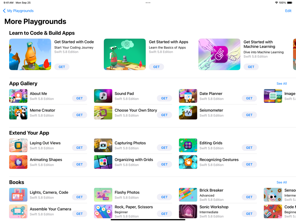 Swift Playground - The More Playgrounds screen in Swift Playgrounds featuring various coding lessons and app development modules.