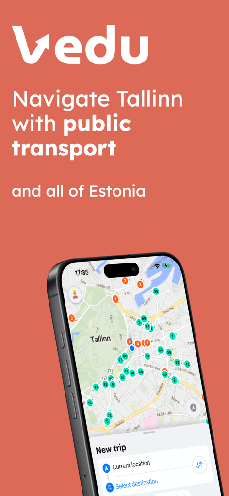 Vedu - Tallinn Transport - Captura de tela do aplicativo Vedu mostrando um mapa de transporte público em tempo real de Tallinn, Estônia, em um iPhone