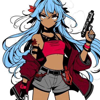 bad girl wearing crop top holding a gun long hair anime