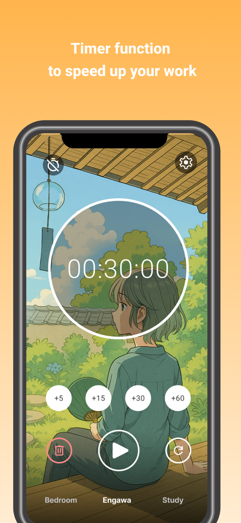 DailyVoice(BGM for Sleep) - Focus timer interface with a nostalgic Japanese porch illustration in the DailyVoice app