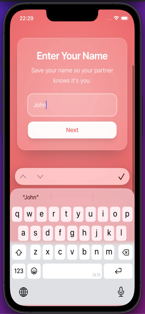 Ring For A Kiss - The enter your name setup screen in the Ring For A Kiss mobile app