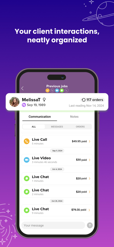 Interface of the Purple Advisors app showing organized client interaction history with session types and earnings