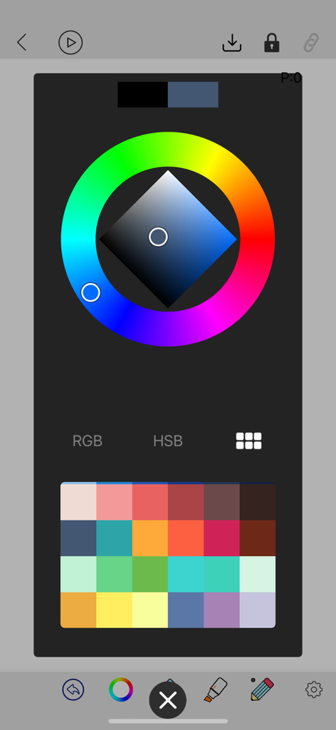 Pantalla de selección de color en la aplicación eDraw con una rueda de colores y una cuadrícula de paleta para dibujar y tomar notas.