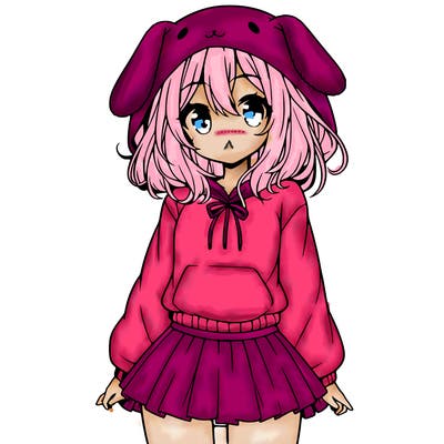 pretty anime girl wearing a fluffy hoodie with bunny ears on the hood and a skirt