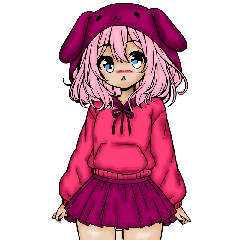 pretty anime girl wearing a fluffy hoodie with bunny ears on the hood and a skirt