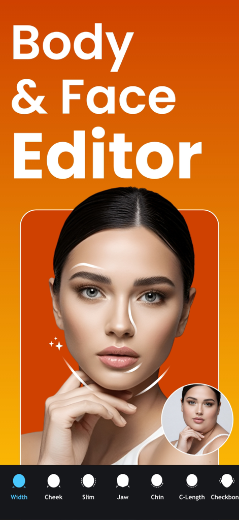 Body Tune - Beauty Face Editor - Interfaz de la app Body Tune mostrando herramientas de contorneado facial con un retrato antes y después.