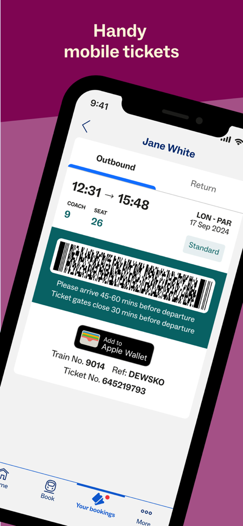 Eurostar: Train travel & Hotel - Smartphone screen displaying a digital Eurostar train ticket for a journey from London to Paris with an option to add to Apple Wallet