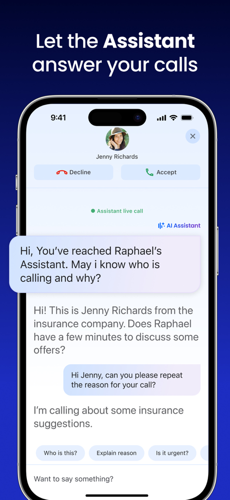Assistente IA di Truecaller che filtra una chiamata con trascrizione in tempo reale su un iPhone