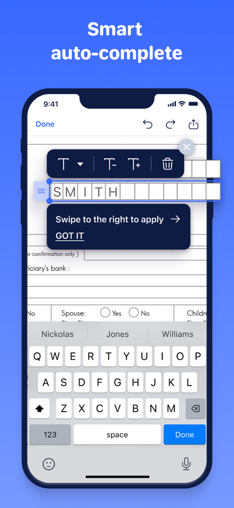 iPhone-Bildschirm, der die intelligente Auto-Vervollständigungsfunktion der Fill and Sign-App zeigt