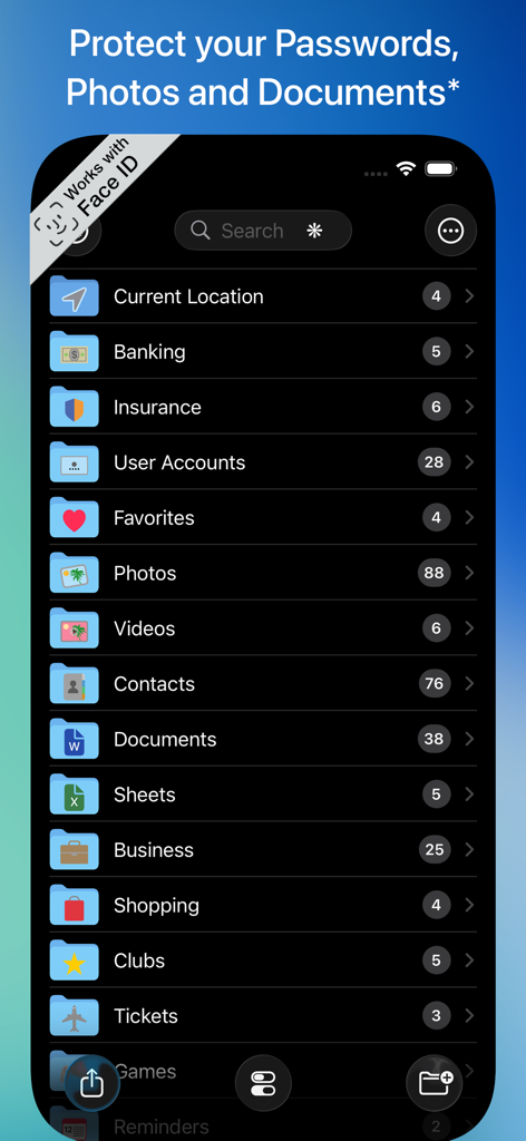 Safe +  Password Manager - Safe plus Passwort-Manager Hauptbildschirm mit kategorisierten Ordnern für Dokumente und Medien