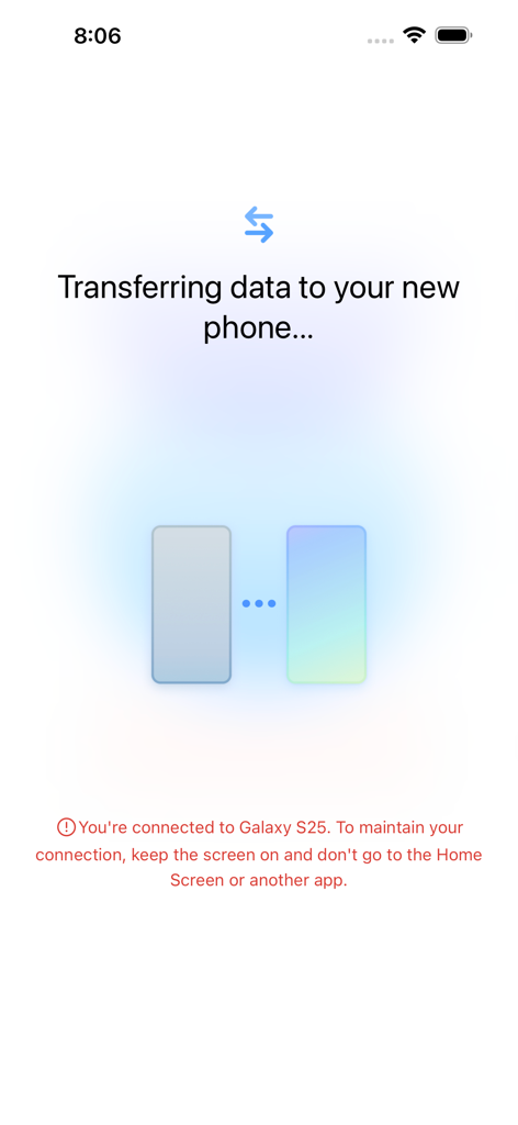 Samsung Smart Switch app screen showing data transfer progress from an iPhone to a new Galaxy phone.