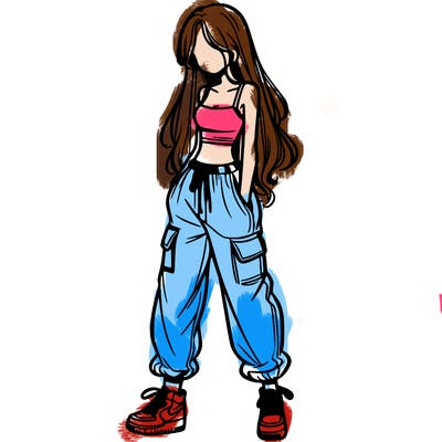 girl in baggy pants crop top and long hair