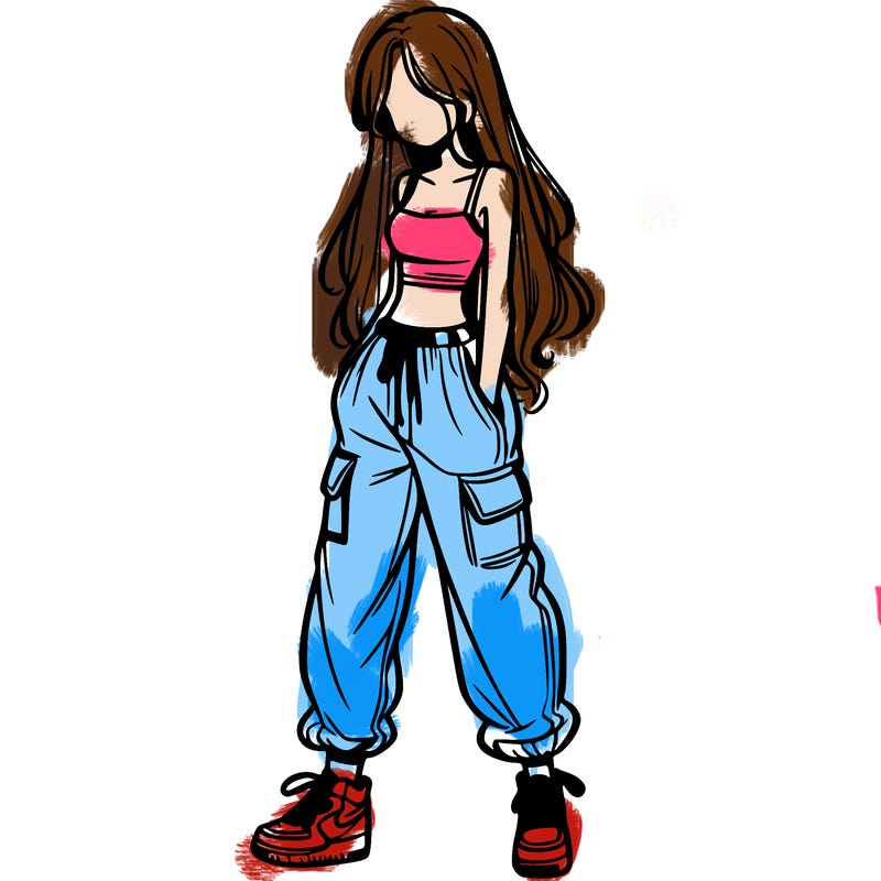 girl in baggy pants crop top and long hair
