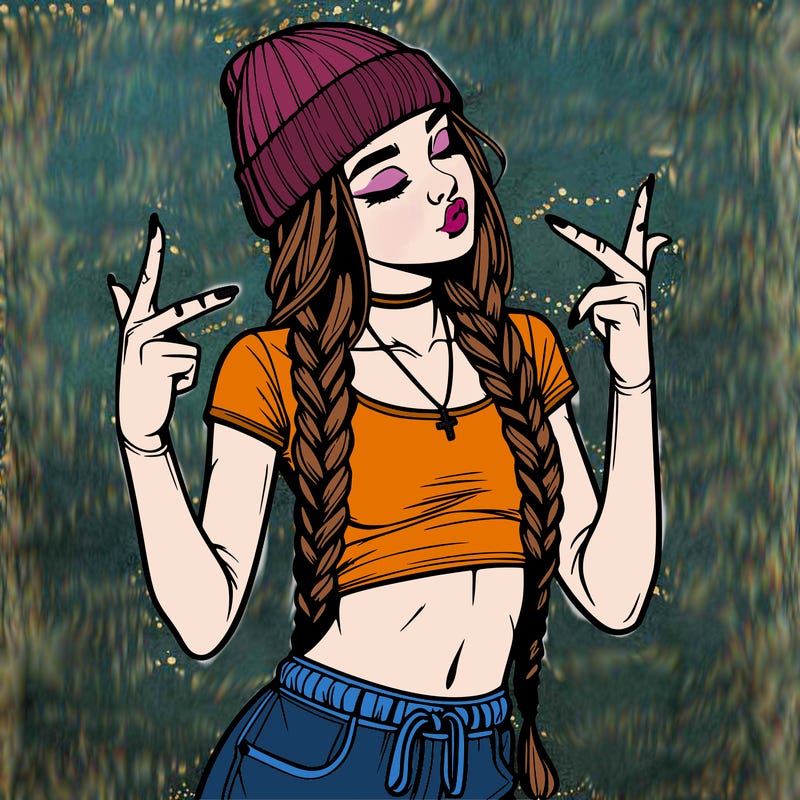 realistic teenage girl with braids and a beanie and crop top doing 🫶🏼