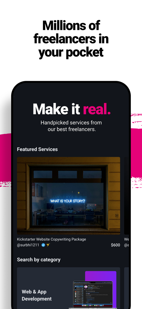 Freelancer - Hire & Find Jobs - Interfaz de la aplicación móvil Freelancer que muestra servicios destacados y categorías de proyectos
