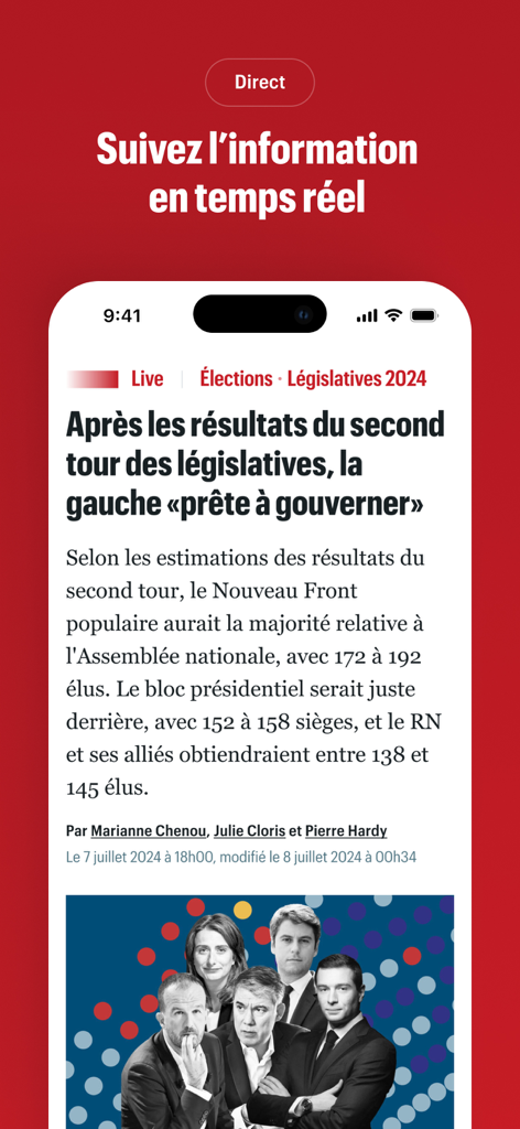 Le Parisien mobile app interface displaying a live news article about the French legislative election results