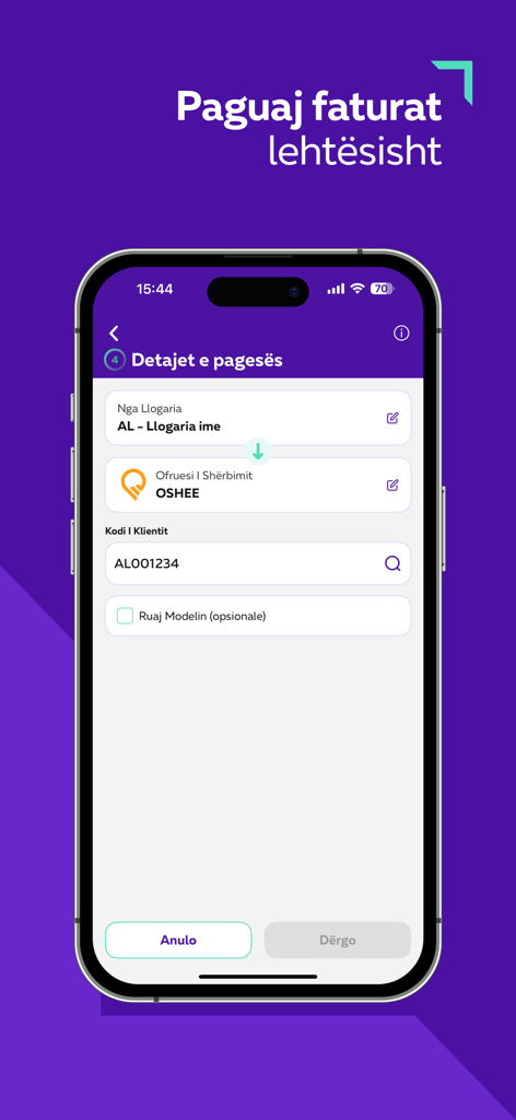 CREDINS online - CREDINS online mobile app screen showing the interface for paying an Albanian utility bill to OSHEE