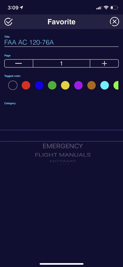 Aviation Docs app screen for adding a document to favorites with color tags and categories like flight manuals or emergency.