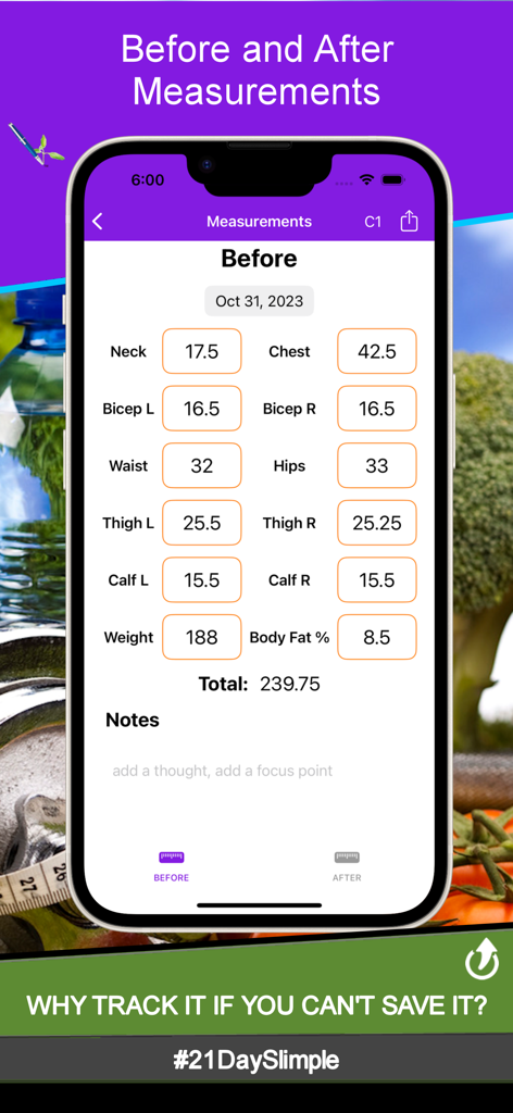 Interfaz de aplicación móvil para rastrear medidas corporales y progreso de peso.