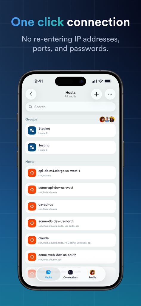 Interface of Termius app showing a list of server hosts for one click SSH connection