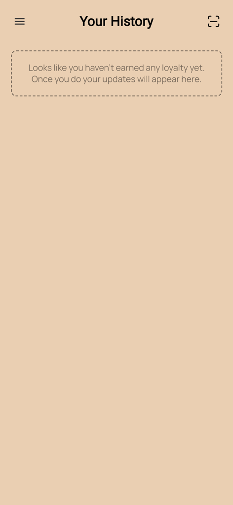 Restaurant Rewards by DRG - Empty loyalty history screen in the Restaurant Rewards by DRG mobile app.