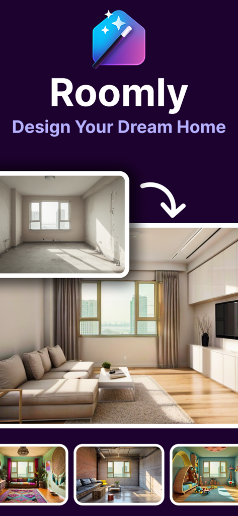 Home Design AI: Roomly - AI home design app showing a before and after room renovation with different decor styles