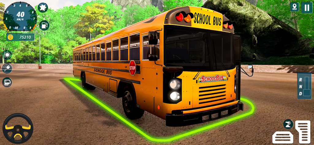 School Bus Driving Game 3D - Yellow school bus in a 3D driving simulation game with mobile interface controls