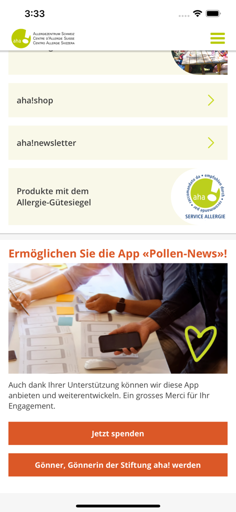 Pollen-News - Screen of the Pollen-News app showing options to donate become a foundation patron and access the shop