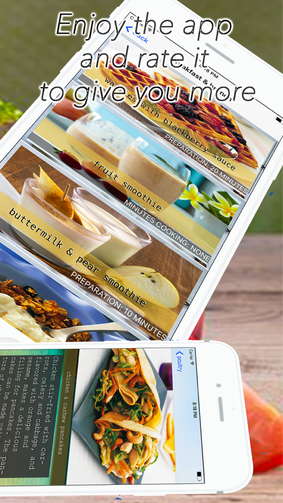 Mobile app interface displaying various diabetic recipes including smoothies and pancakes