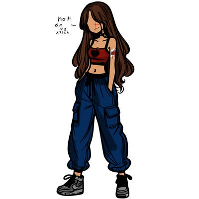 girl in baggy pants crop top and long hair