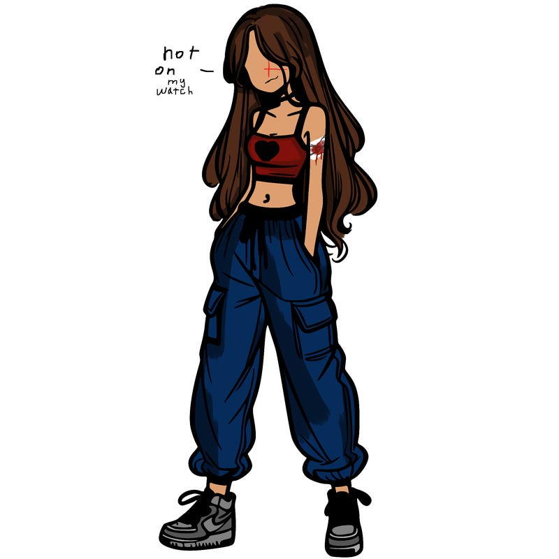 girl in baggy pants crop top and long hair