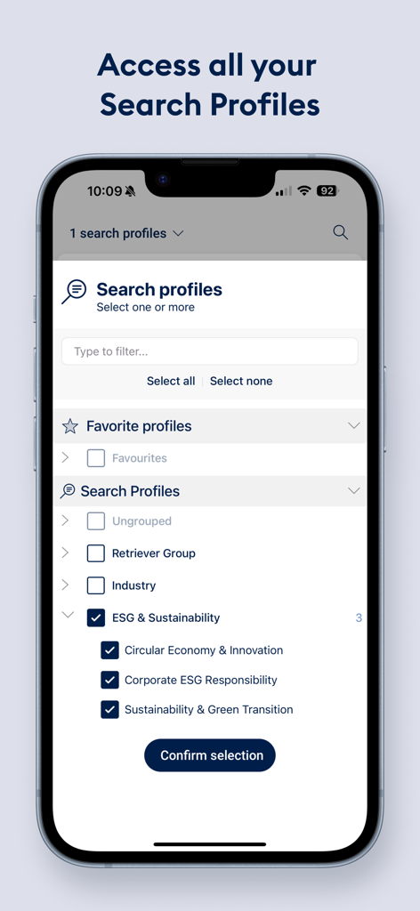 Retriever | Media Monitoring - Interface of the Retriever Media Monitoring app showing the search profiles selection screen for professional media tracking