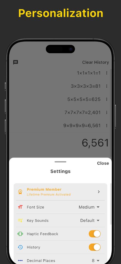 Calculator-EasyCalc,Real voice - Mobile app settings menu for Calculator-EasyCalc showing personalization options like font size, key sounds, and haptic feedback toggles.