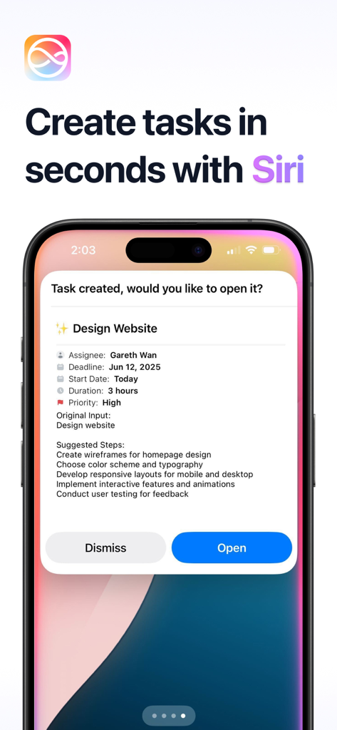 Motion app interface showing a task created using Siri voice commands with AI scheduling details and suggested steps